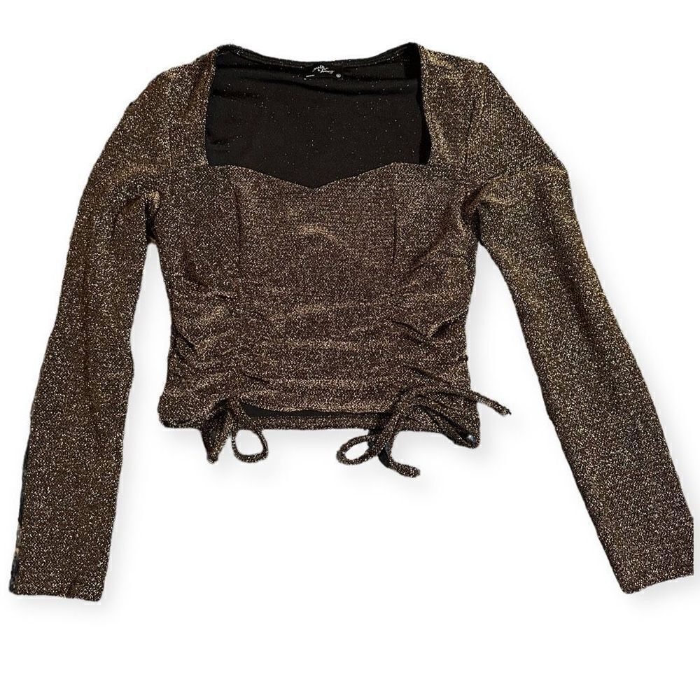 Browm metallic long sleeve crop blouse